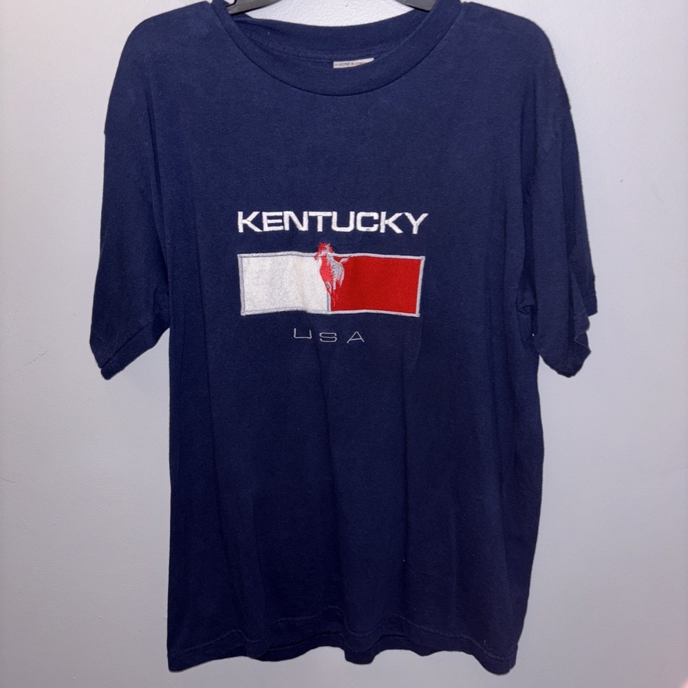 Vintage Kentucky Derby‎ T-Shirt Navy Embroidered Horse Race USA Adult Size L